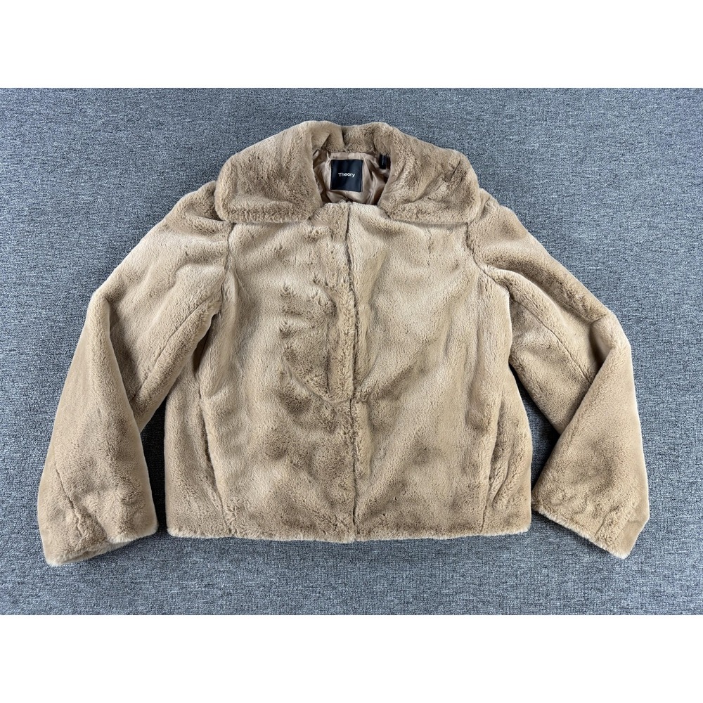 Theory Jacket Womens Medium Beige Brown Luxe Faux Rabbit Fur Lined Plush Coat
